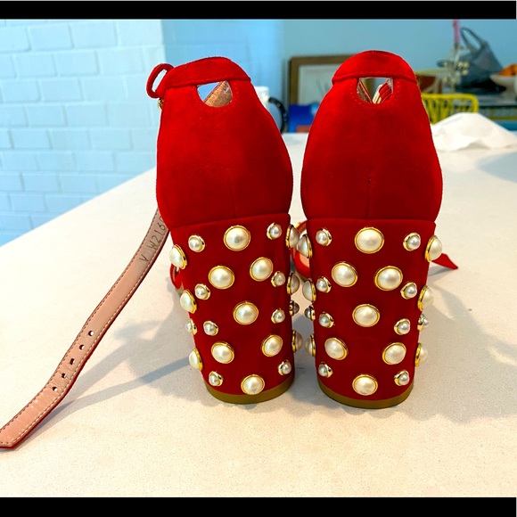 Stuart Weitzman red suede heels with pearls comfortable block heel worn TWICE!!! - Picture 3 of 7